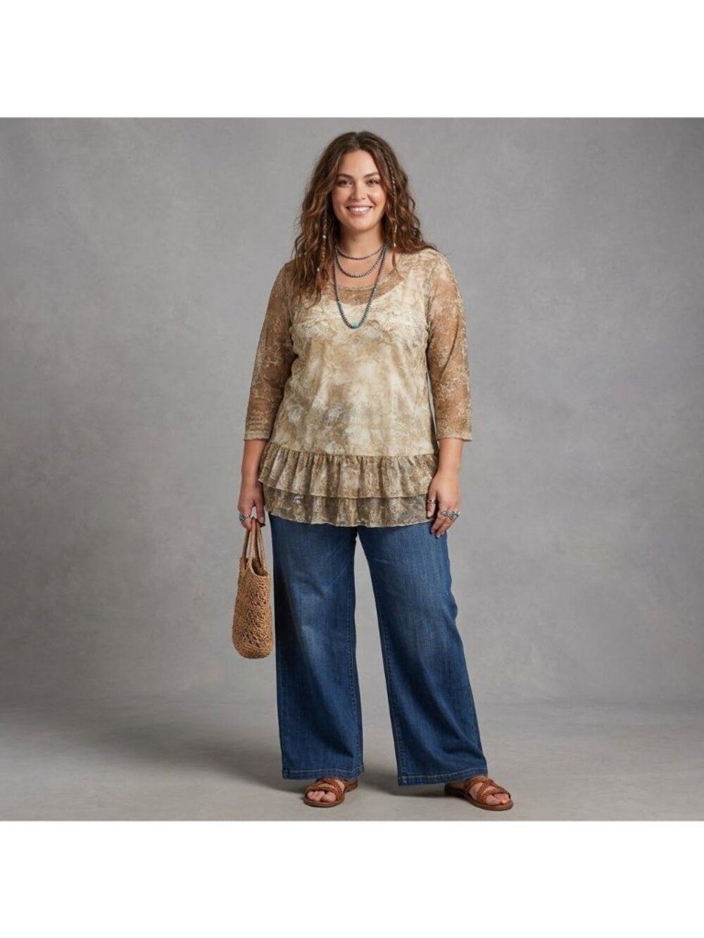 Cal Style Gold Lace Tunic Blouse 2X Sheer 3/4 Sleeve Made In USA